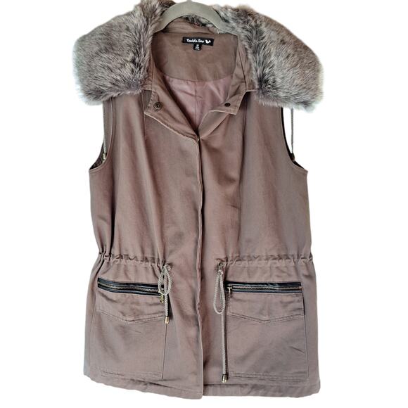 Double Zero faux fur trim utility vest toupee womens M anorak long hooded vest - Picture 1 of 4